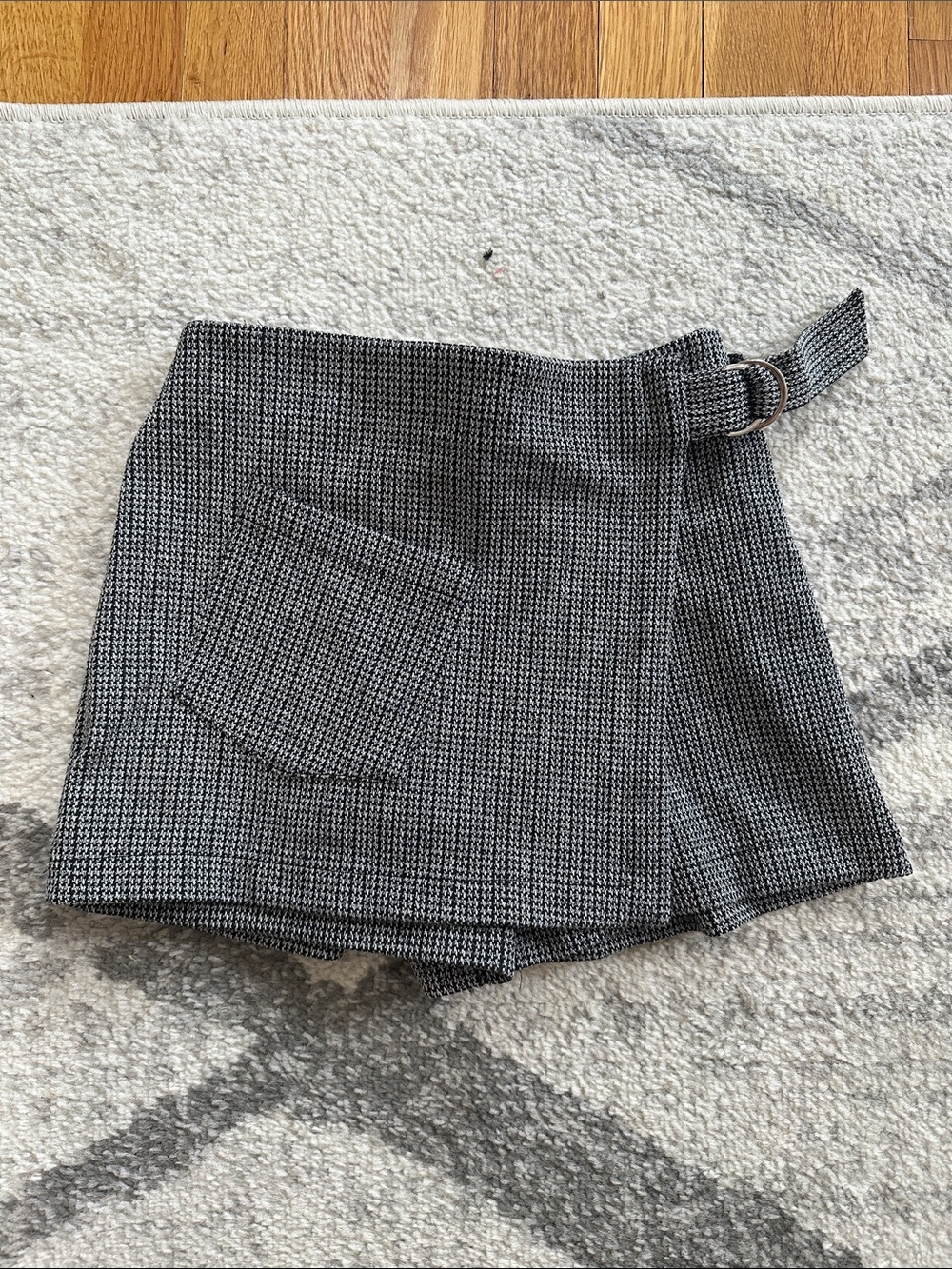 Zara Black & White Micro-Check Wrap Shorts with Buckle